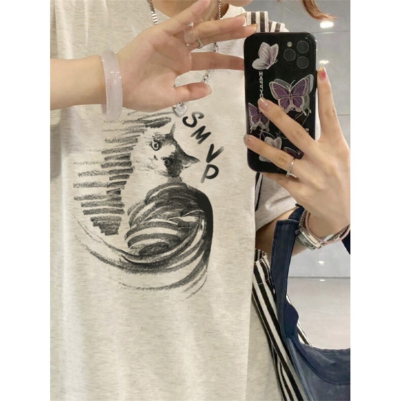 T0750-P25可爱萌宠猫咪印花纯棉短袖花灰色简约复古情侣款百搭,男装T恤,星座617A-2