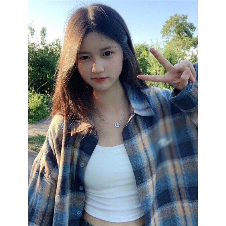 设计感小众休闲慵懒BF风别致港风复古格子衬衫,女装衬衫,星座617A-2