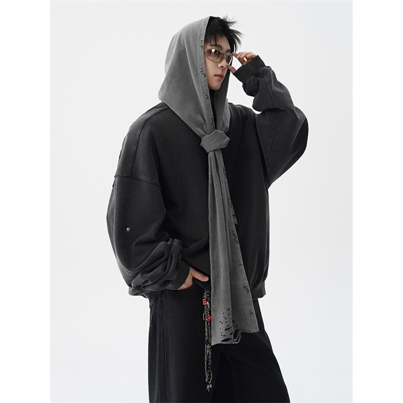 8XL-M高品质美式雕刻可拆卸破洞帽洗水深灰多穿法圆领卫衣WY28P88,男装卫衣,电商D206-1