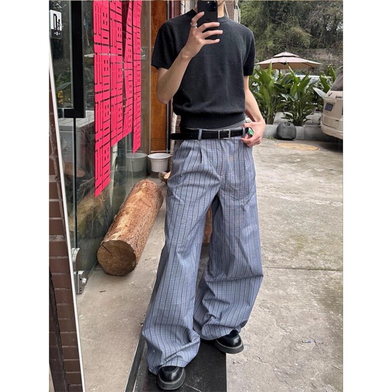 现货美式复古褶格纹长裤男直筒阔腿裤休闲cleanfit西裤L90322-p55,男装西裤,星座1008
