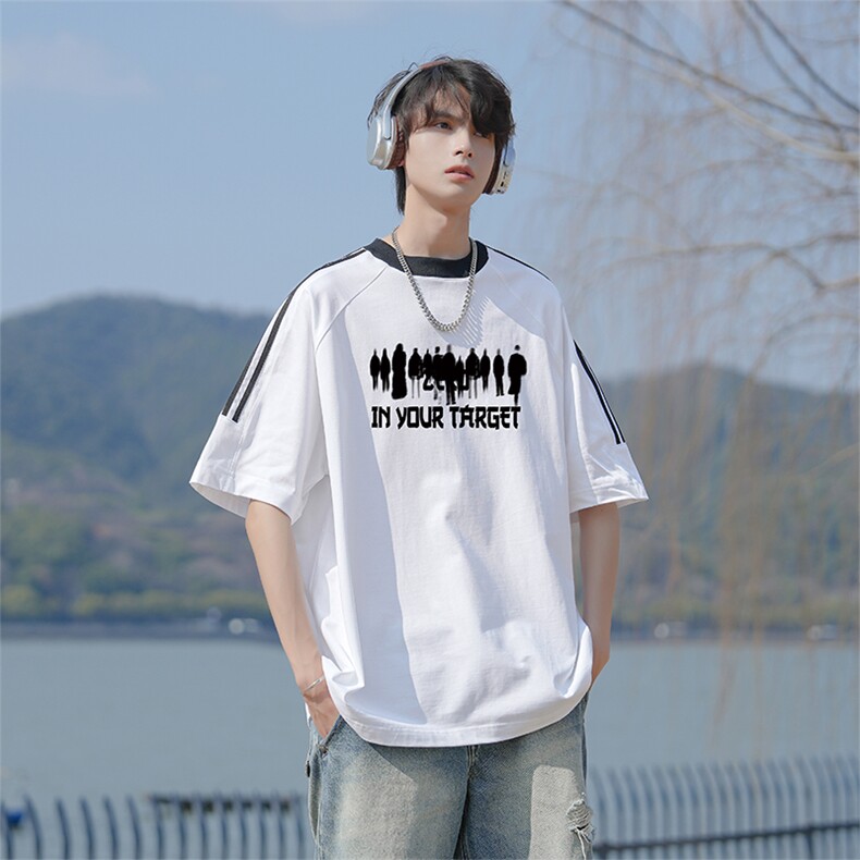 已注册新款抖音直播高品质三条杠运动宽松男短袖T恤T6030P28,男装T恤,电商C408-1(原B339-1)