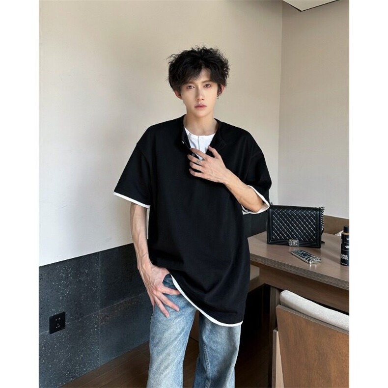 GC0110-P38假两件亨利领t恤男夏季重磅短袖cleanfit美式复古上衣,男装T恤,电商C233