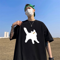 小猫印花短袖t恤男生夏季纯棉重磅学生衣服潮牌大码圆领半袖体恤，男装T恤，电商A486