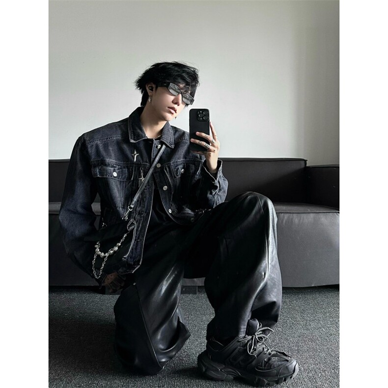 【有货】美式复古黑色牛仔外套男春秋短款高级感夹克F10LL-特P78,男装夹克,星座1007（原301D）