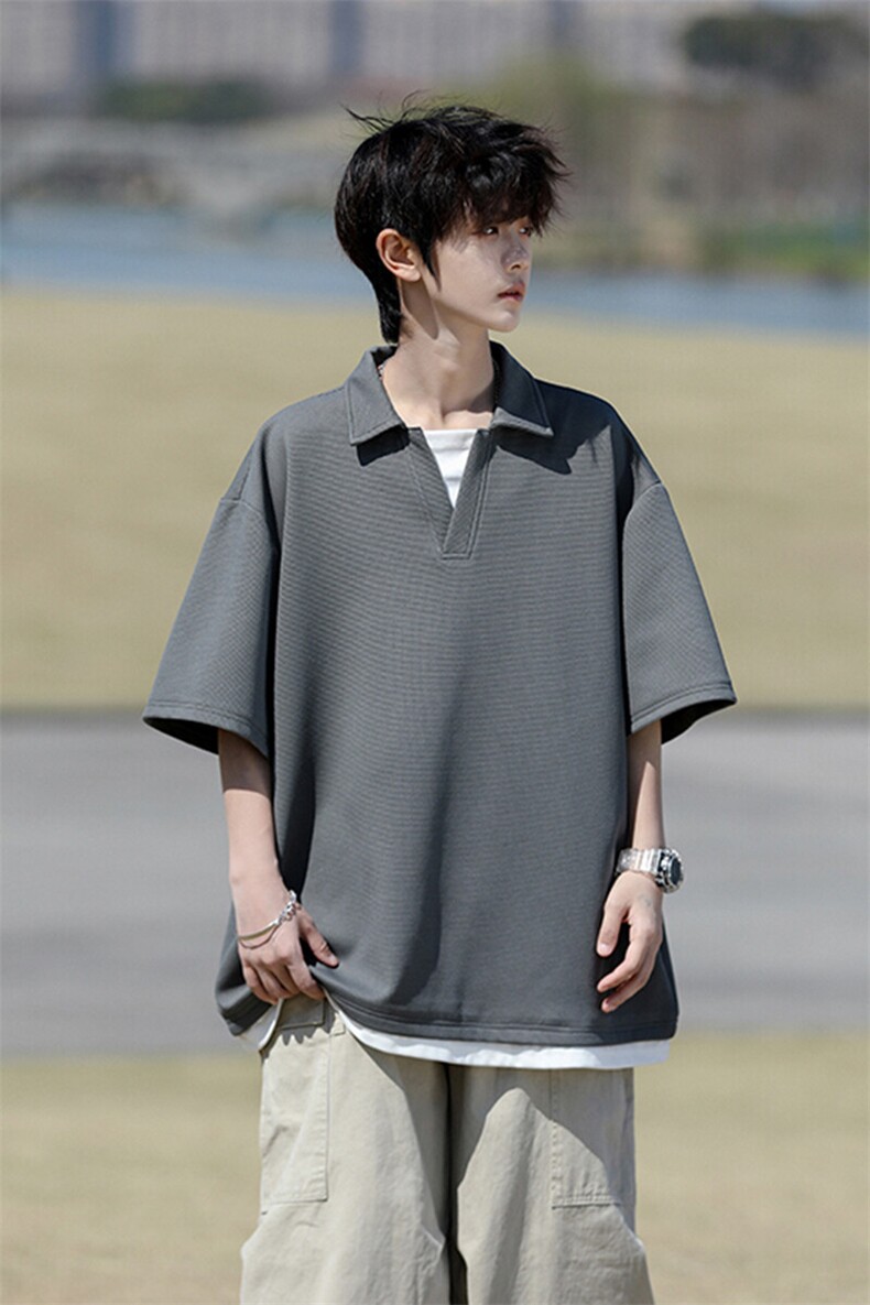 8XL-M假两件V领短袖t恤男夏翻领半袖宽松重磅华夫格大码DT001P40,男装T恤,电商B312