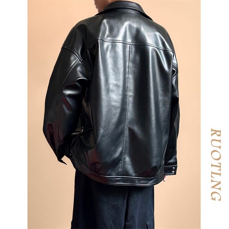 现货-春装皮衣外套男翻领休闲皮夹克潮牌PU机车服A506P90加绒100,男装夹克,电商A351