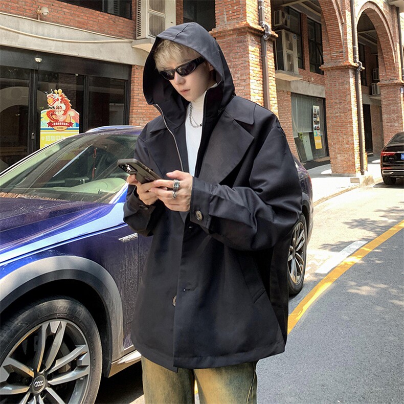 假两件连帽短款宽松风衣男韩版休闲夹克西装外套-JK9013-P125，男装夹克，电商B289-1