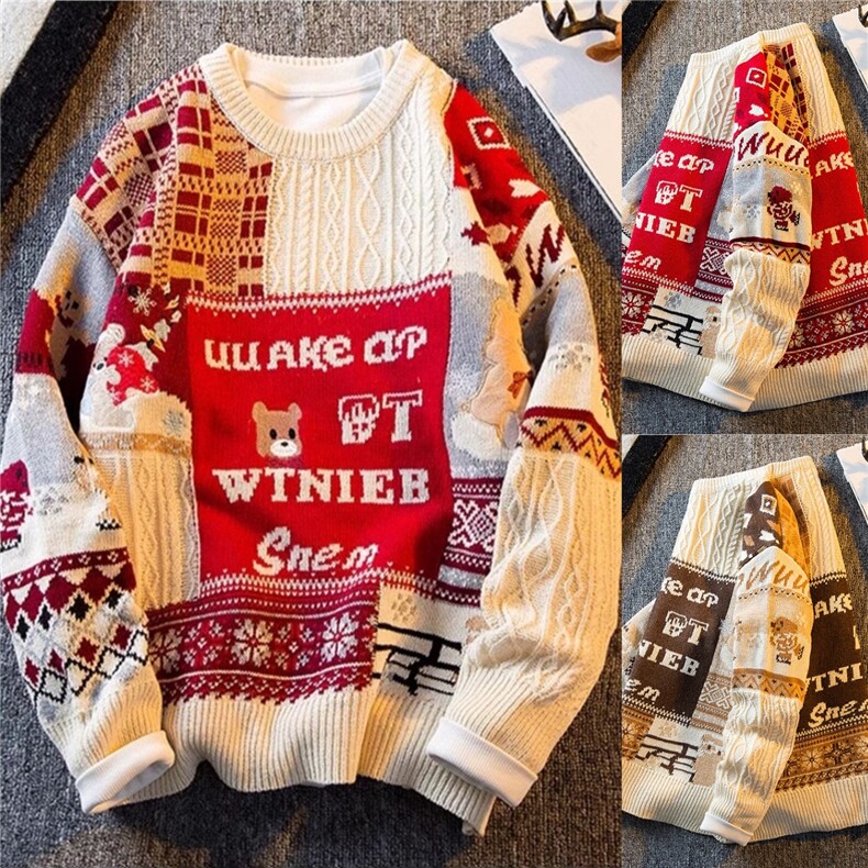 日系卡通复古毛衣男女潮拼色ins情侣慵懒风森系古着外套港风，男装针织衫/毛衣，星座506A