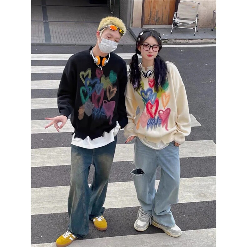 高街潮牌慵懒风毛衣男宽松韩系复古彩色爱心印花针织衫AA11-P34,男装针织衫/毛衣,星座208-5