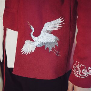 9053*咖啡厅中国风男士仙鹤绣花长袖开衫毛衣针织衫男 酒红 *P85图片
