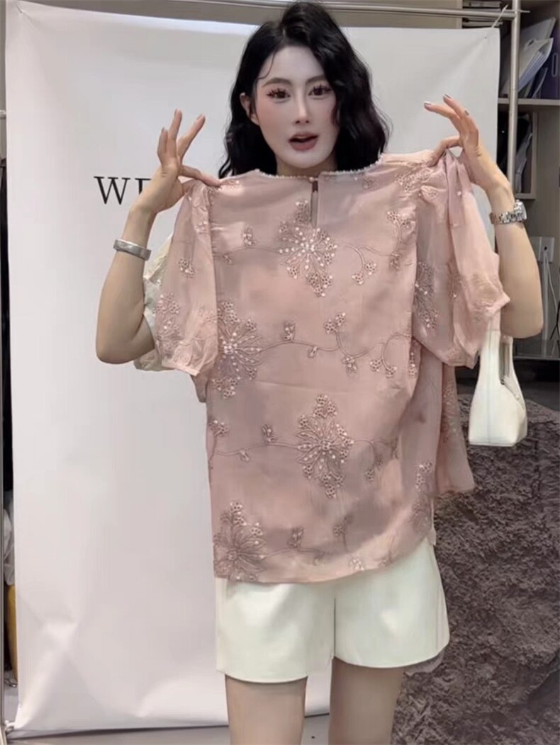 超仙甜美碎花套头衬衫女2025年春夏新款圆领短袖上衣潮,女装衬衫,东正羊绒