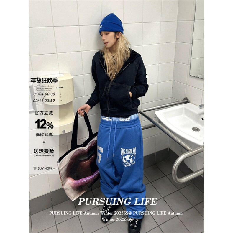 1506-1/W16671/P47蓝色字母印花休闲裤男女春季高街复古hiphop,男装休闲裤,星座1506-1