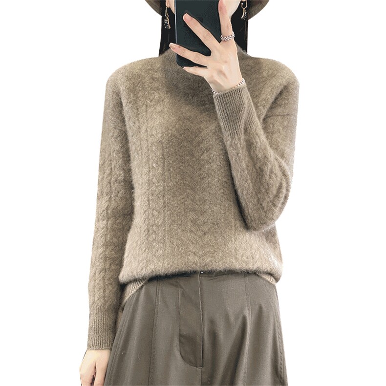 半高领扭花100%纯羊毛衫女加厚长袖针织毛衣宽松百搭羊绒衫打底衫,女装羊毛衫,琳华羊绒