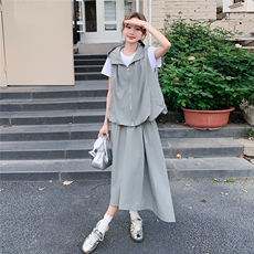 韩版休闲三件套装女夏季2025新款时尚连帽马甲不规则半身裙套装裙，女装套装/套裙，辉之琳