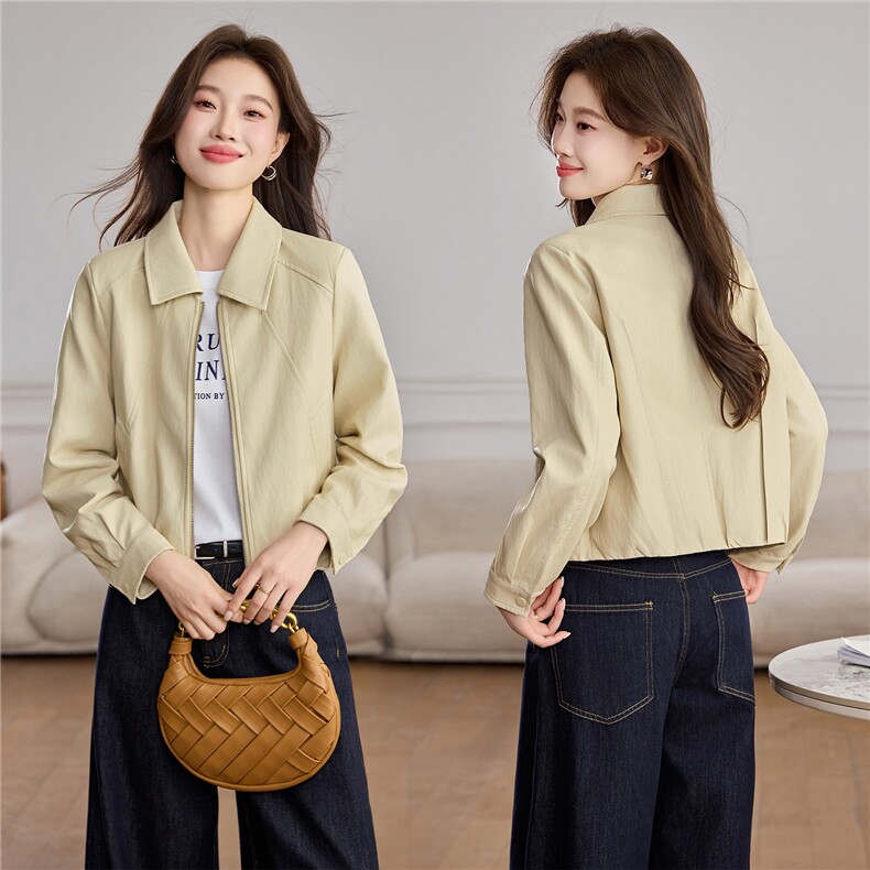 洋气减龄翻领皮衣外套女2026春秋新款宽松休闲小个子短款夹克上衣，女装皮衣，潮流依族