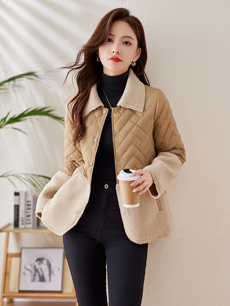 羊羔毛拼接轻薄羽绒棉服女2024冬新款时尚菱格夹棉保暖棉服小棉袄,女装棉衣/棉服,姿衣坊