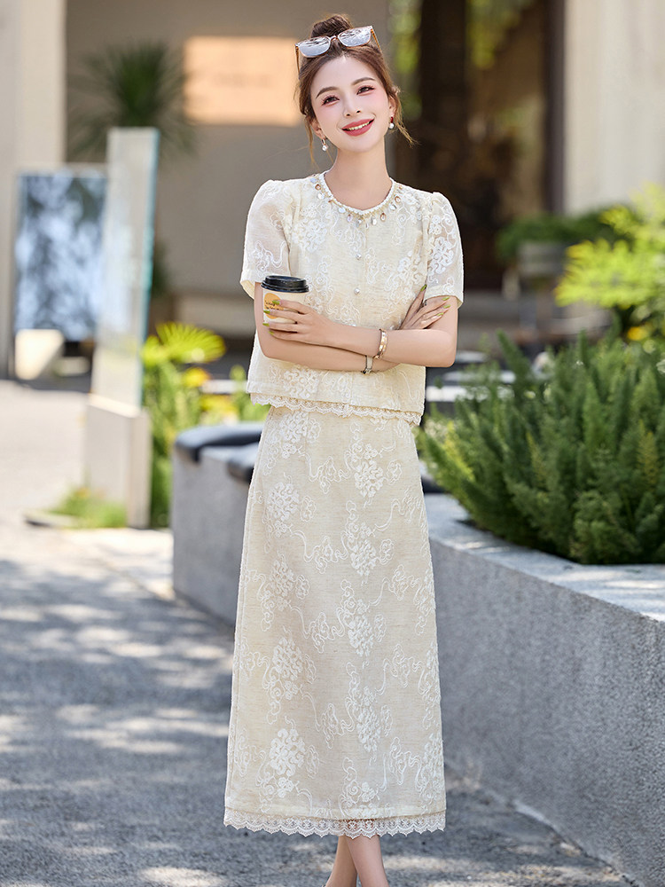 小香风套装裙2025夏季新款韩系独特绝美新中式盐系轻熟蕾丝两件套,女装套装/套裙,悠米