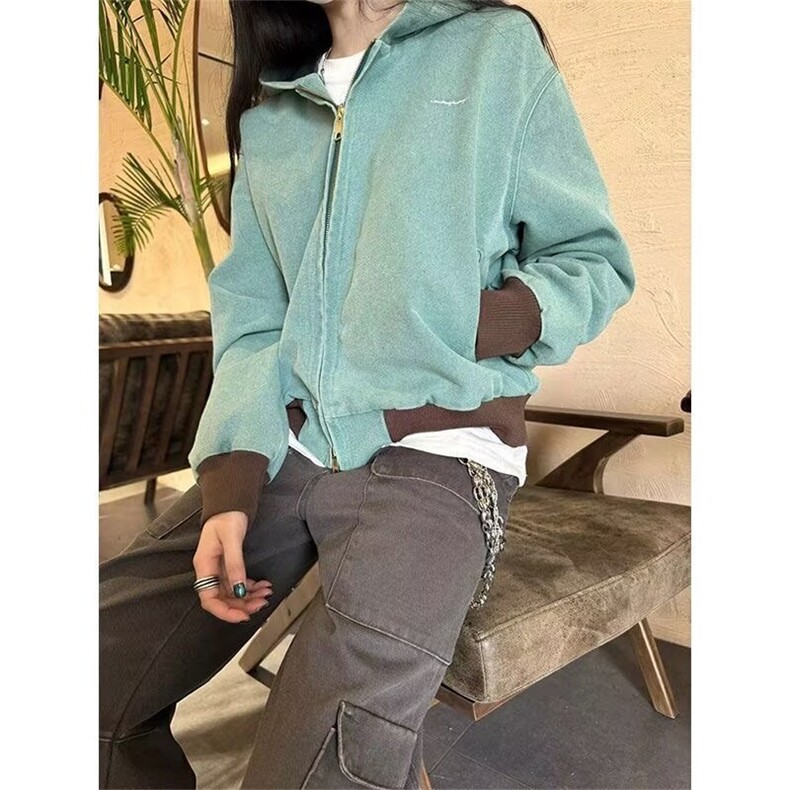 春秋款湖绿色哈灵顿飞行员夹克男美式复古宽松休闲高级感连帽外套，男装夹克，星座506A