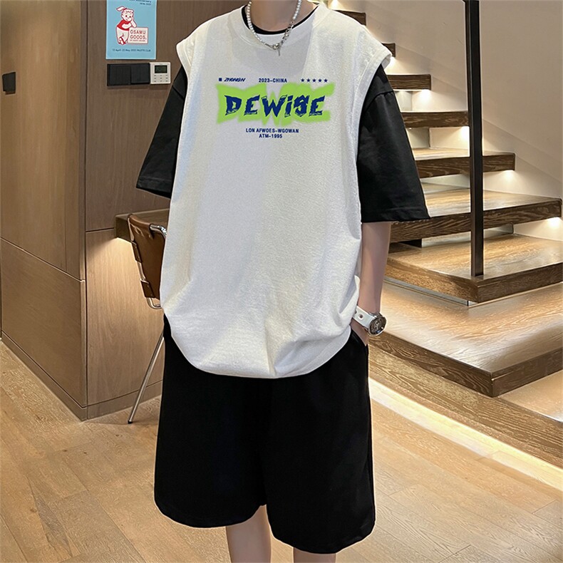 直播品质美式宽松纯棉背心无袖t恤短裤大码两件套套装TZ53-P58,男装T恤,电商A486