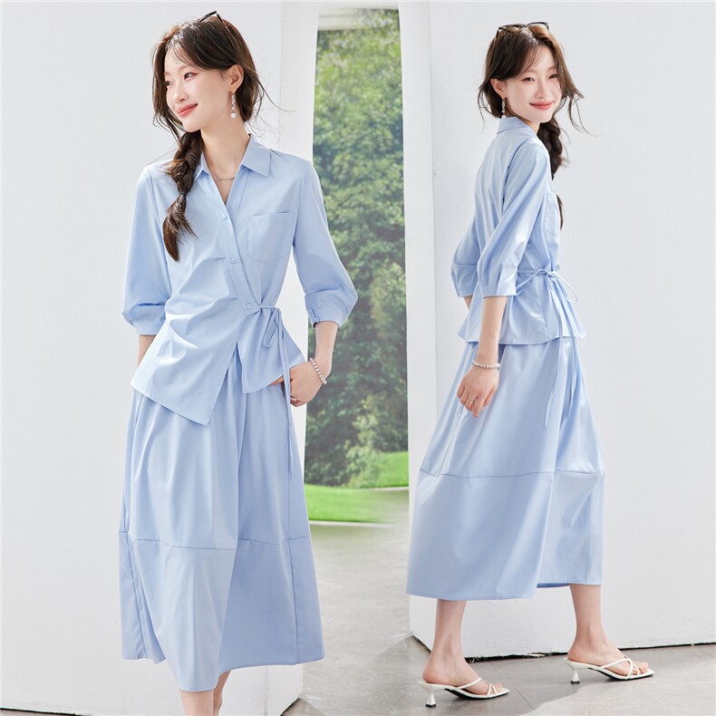 《现货26夏上新》清新蓝色休闲衬衫收腰+半裙两件套裙女,女装套装/套裙,时尚风爆