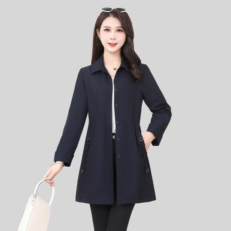 2025新款春季女装时尚妈妈装翻领长袖宽松休闲中长风衣外套女减龄,女装风衣,娇莉