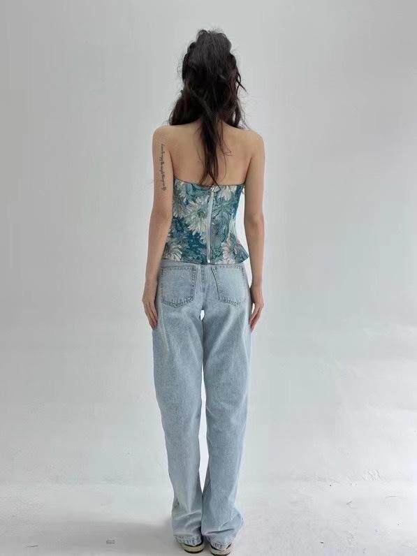 蓝色油画抹胸上衣，抹胸，HE