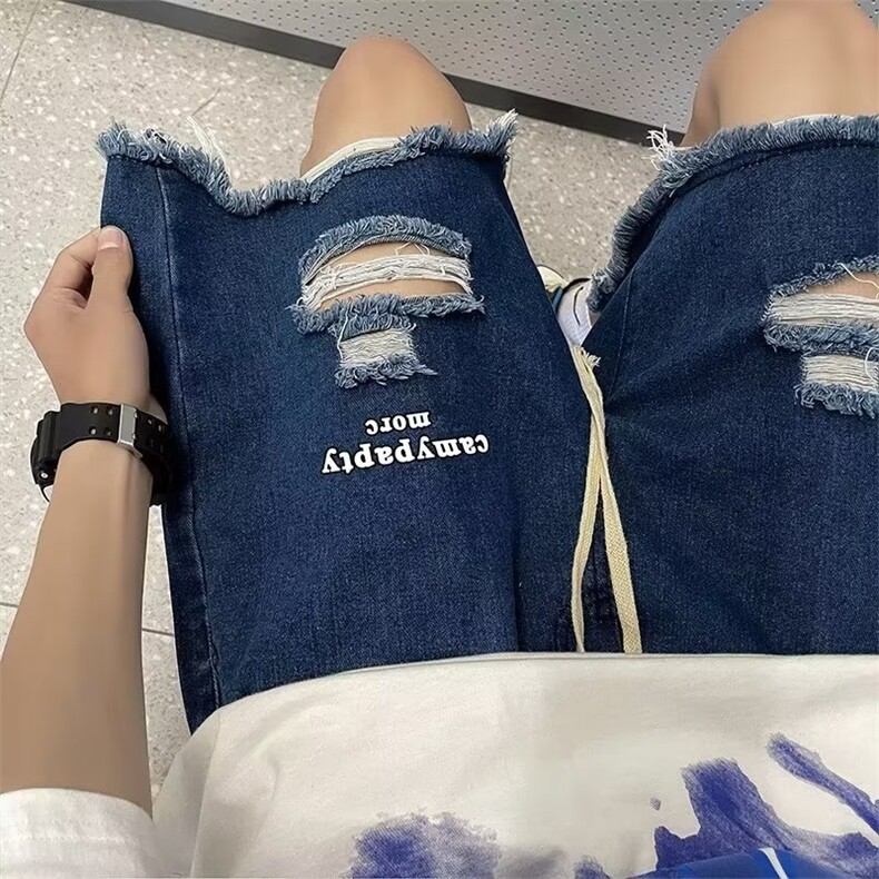 破洞牛仔短裤男夏季新款美式复古水洗毛边五分裤 P36图片
