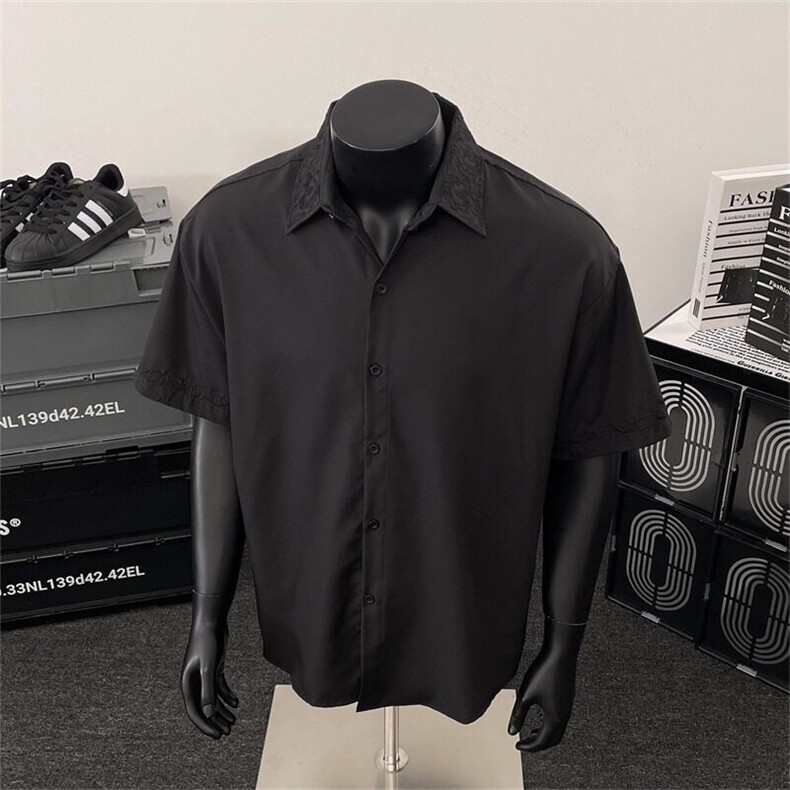 浮雕万针永生花刺绣领贝壳扣短袖衬衣休闲Cleanfit衬衫CY1209-P37,男装T恤,星座412-2