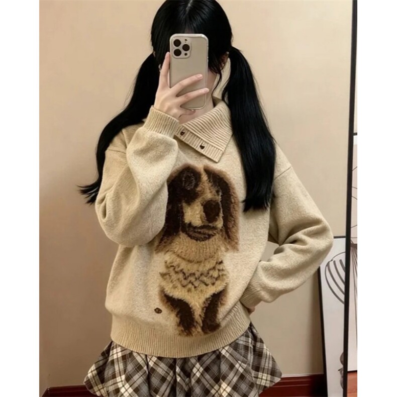 小狗翻领套头针织毛衣女秋冬季宽松外穿不规则上衣MS989,男装针织衫/毛衣,星座1116A（原606A-3）