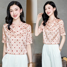 v领真丝衬衫女短袖夏季2025新款宽松大码印花桑蚕丝上衣中年妈妈，女装衬衫，阿舍尔精品