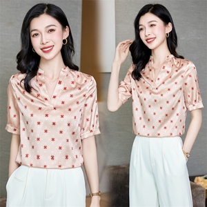 v领真丝衬衫女短袖夏季2025新款宽松大码印花桑蚕丝上衣中年妈妈图片