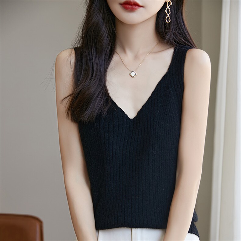 时尚V领针织吊带背心女夏季新款修身显瘦无袖打底衫内搭上衣，女装背心吊带，宏杨羊绒