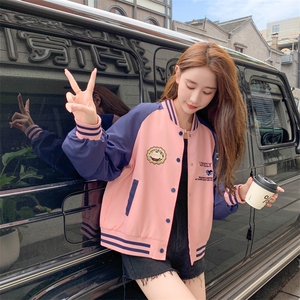 粉色学院风拼色棒球服女春季2025新款设计感少女休闲刺绣短款外套图片