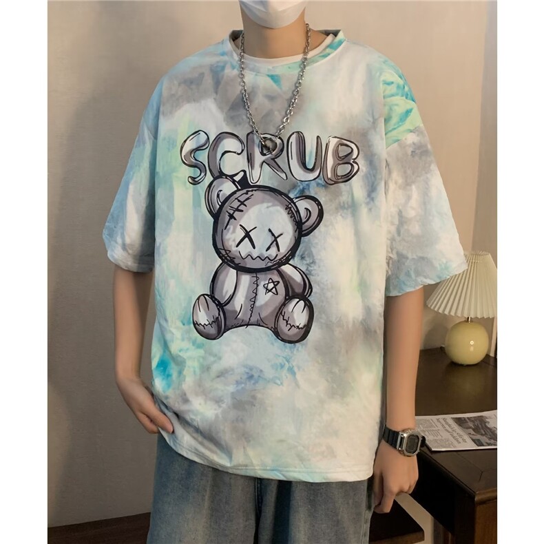 城市风貌圆领百搭印花新款青春流行扎染短袖潮男T恤标准时尚潮牌图片