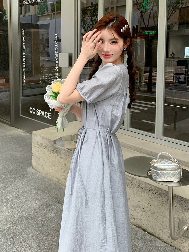 新款蓝灰色法式V领显瘦连衣裙【现货】5087-P125K178,女装连衣裙,浙宝192（原082）
