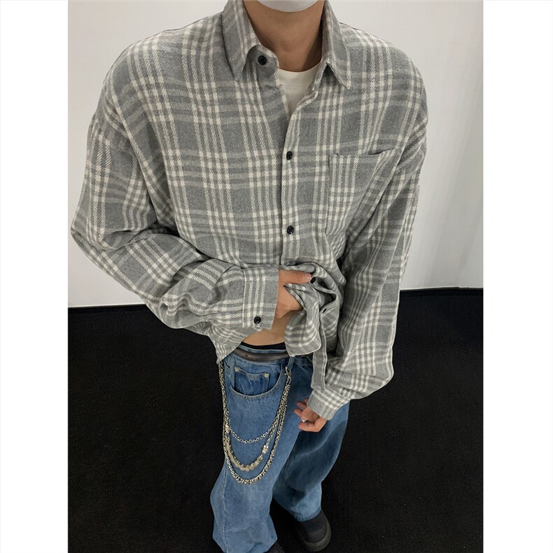 现货~磨毛格子大码长袖衬衫C5891/特P25灰色,男装衬衫,电商A094