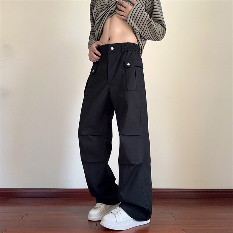 休闲裤口袋秋季美式潮复古宽松微喇工装裤工装裤春秋直筒百搭阔腿图片