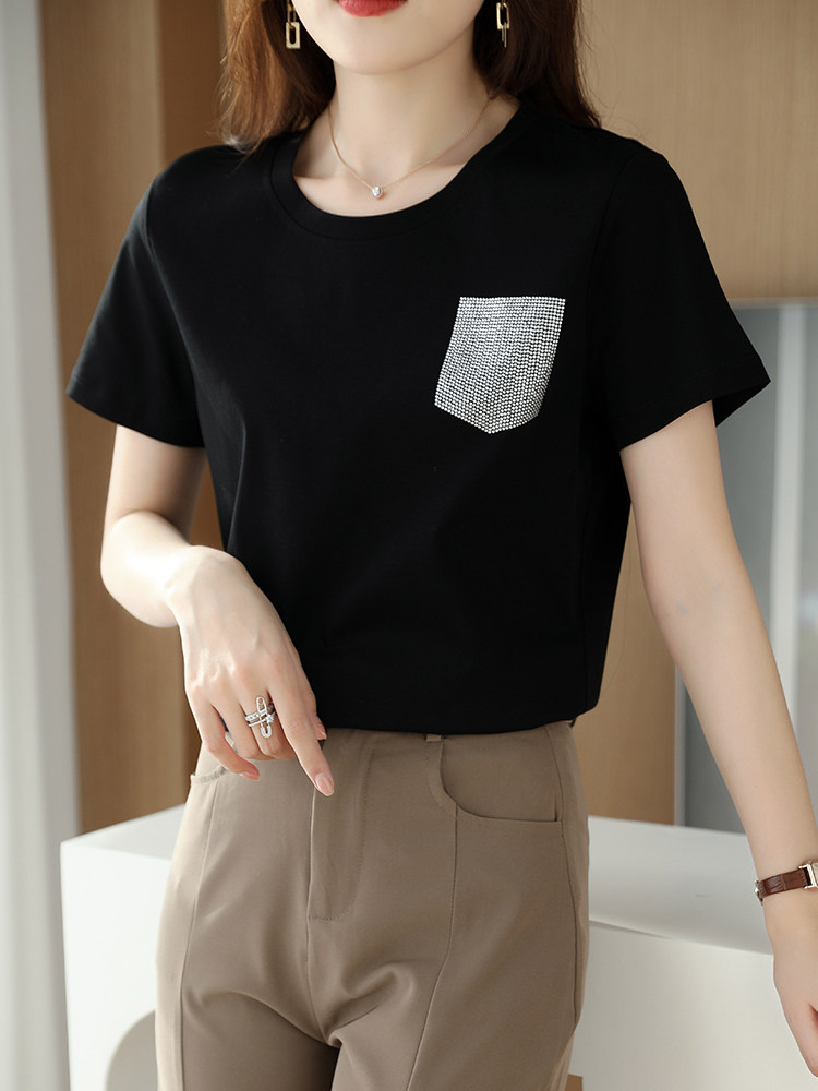 2024夏季新款前丝后棉真丝拼接T恤女桑蚕丝圆领缎面印花烫钻短袖,女装T恤,元素羊绒