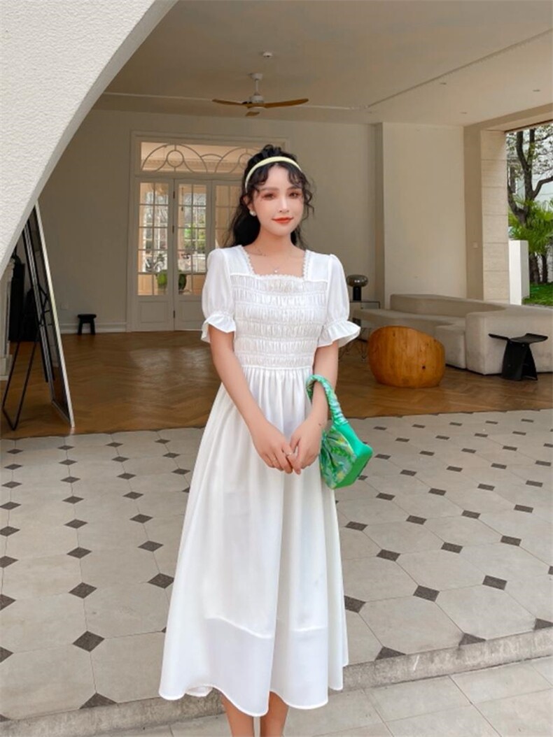 净色夏季连衣裙，女装连衣裙，安玖拉