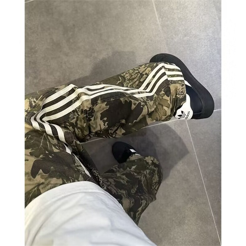 三杠条纹美式复古迷彩裤子高街伞兵工装裤男夏季直筒阔腿裤KZ199,男装工装外套,星座1116A（原606A-3）