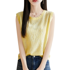 夏季精纺羊毛衫针织背心女花边圆领镂空无袖上衣宽松内搭吊带打底，女装背心吊带，吉高羊绒