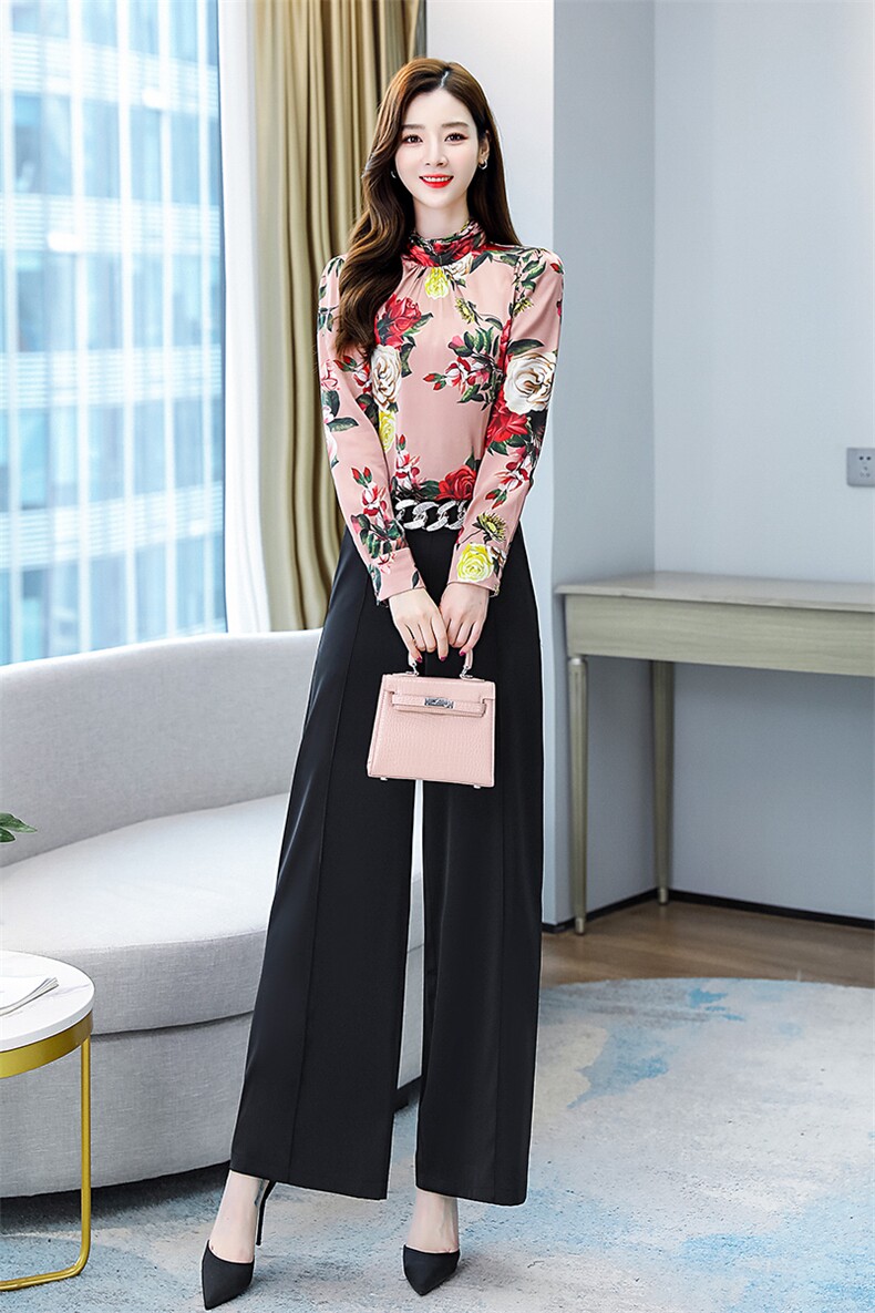 2021春装新款时尚修身印花阔腿裤套装，女装套装/套裙，天丝秀