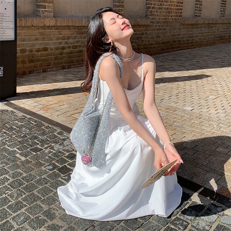 法式宽松腰夏季连衣裙复古后妈裙长裙小个子礼服裙子显瘦气质白色,女装连衣裙,浙宝193A