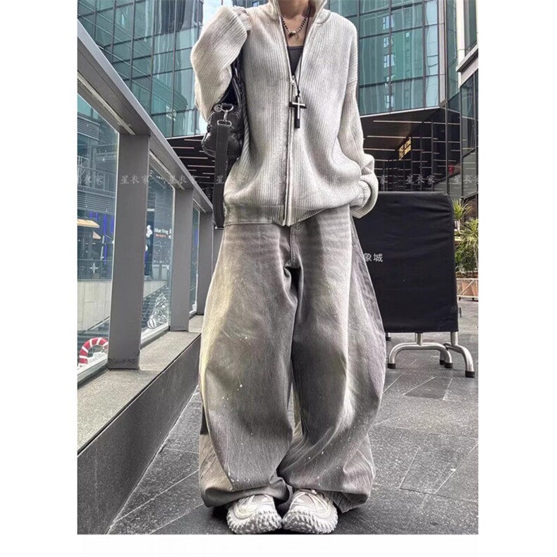 W9470-P53网图现货美式复古做旧阔腿牛仔裤慵懒风宽松休闲弯刀裤,男装牛仔裤,星座1608-2