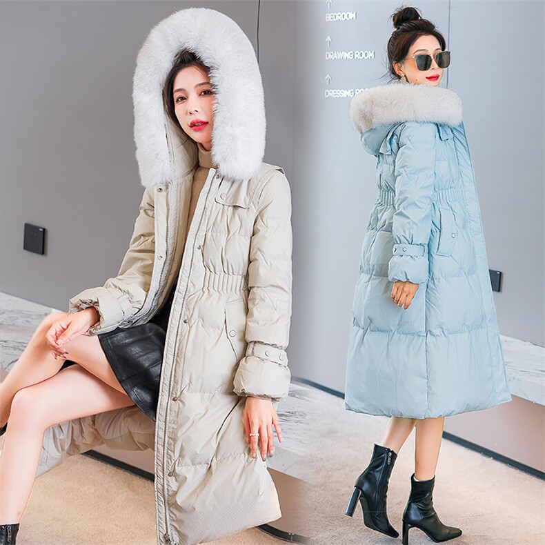 羽绒服新款2022年女装腰间抽绳修身可脱卸真狐狸毛领长款90白鸭绒,女装羽绒服,时尚俏佳人