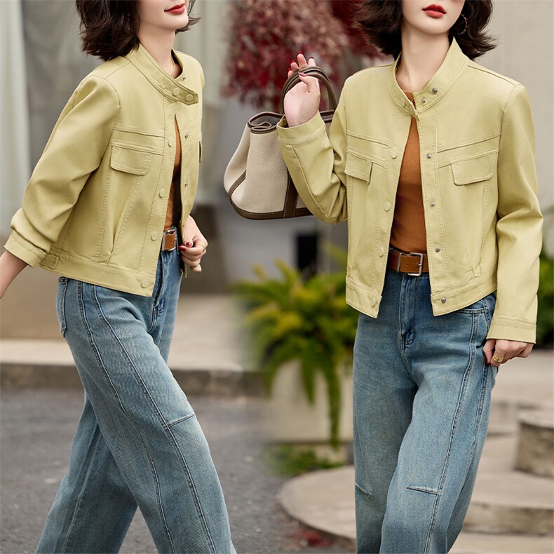 现货机车风外套2025春装新款女装时尚休闲简约短款立领落肩袖夹克,女装皮衣,跑量工厂店