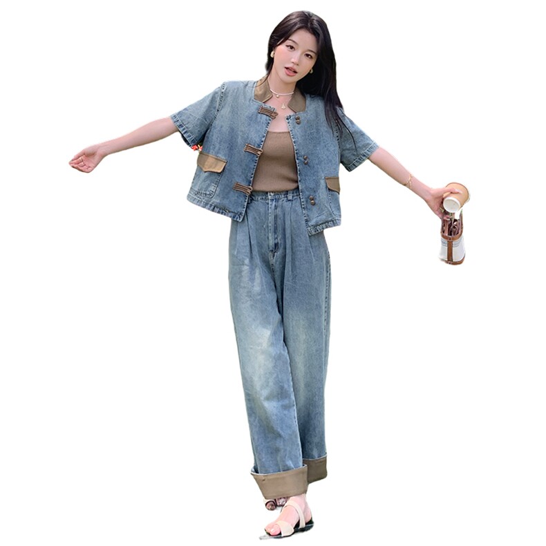 浅蓝色新中式国风牛仔套装初秋女2024新款炸街时尚阔腿裤两件套潮,女装套装/套裙,浙宝305