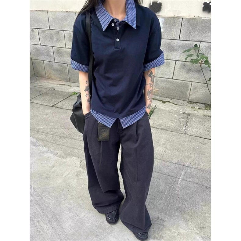得物抖音高品质二开夏季美式潮牌高街假两件格子衬衣翻领短袖T恤,男装T恤,电商A486