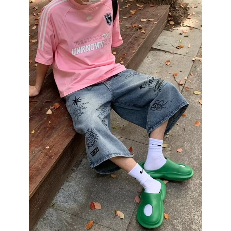现货牛仔短裤男夏季潮牌痞帅炸街满印提花直筒显瘦阔腿五分裤子,男装牛仔裤,星座218-1（原230）