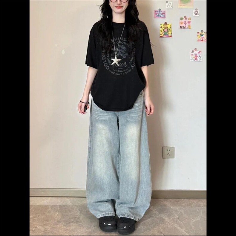 美式复古宽松做旧水洗刺绣牛仔裤女秋季新款小众休闲直筒弯刀裤潮,男装牛仔裤,星座506A